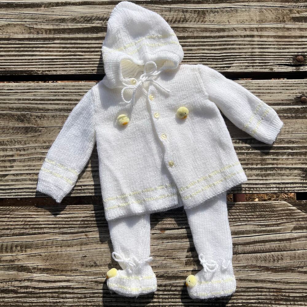 Spanish Knit Baby Set Newborn 0-3M Hooded Cardigan Footed Pants Chick Made Spain